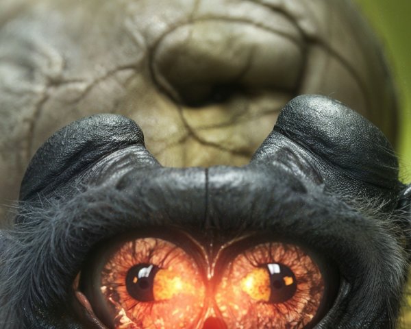 Close-up of a creature with orange eyes and dark fur