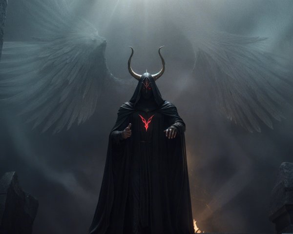 Dark Figure in Cape with Ethereal Wings and Red Eyes
