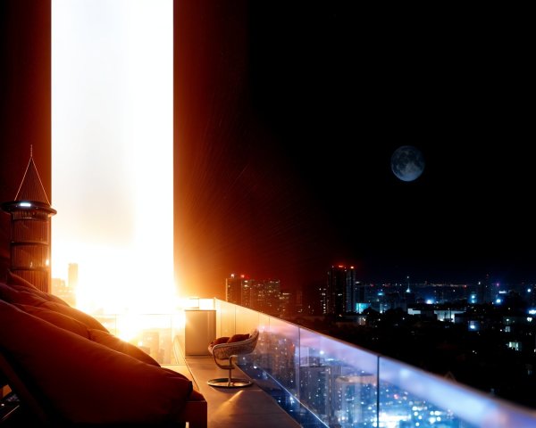 Modern Balcony View of Vibrant Cityscape at Night