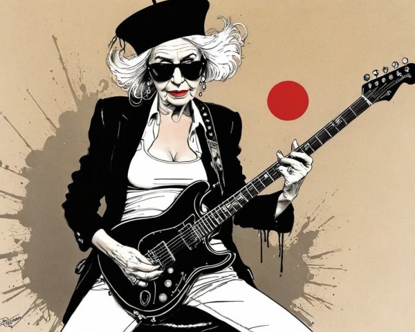 Stylish Older Woman Playing Electric Guitar with Attitude