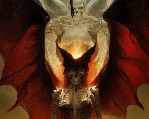 Surreal Scene of Skeletal Figures with Ethereal Glow