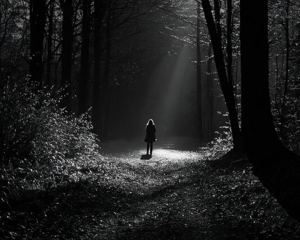 Solitary Figure in Dark Forest with Light Rays