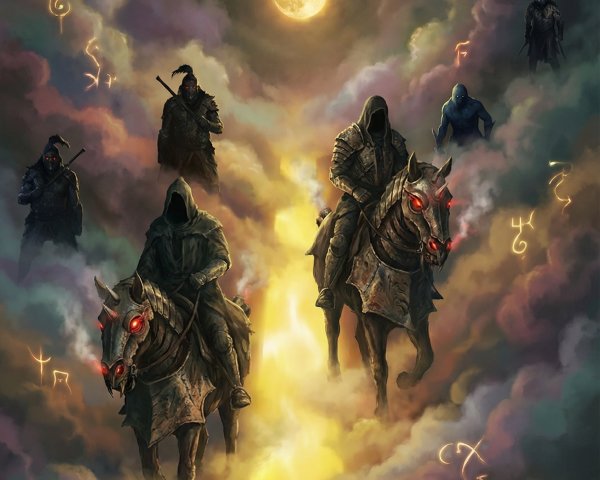 Sinister Digital Painting of Hooded Figures and Moons