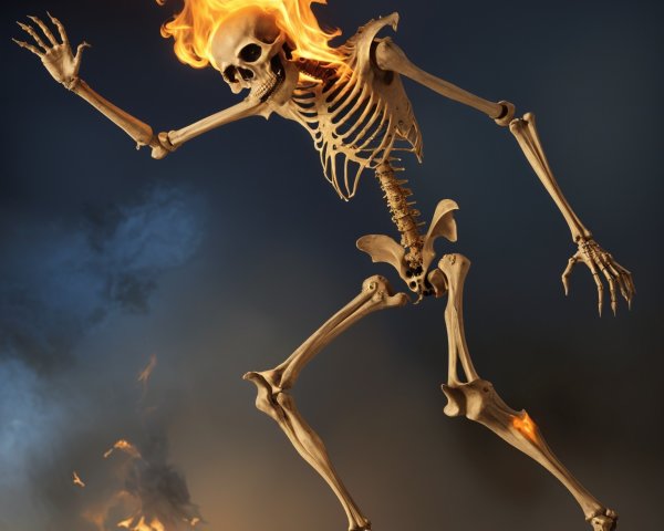 Skeleton in Fiery Dance Against Dark Background