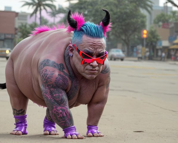Muscular Figure with Mohawk in Urban Street Scene