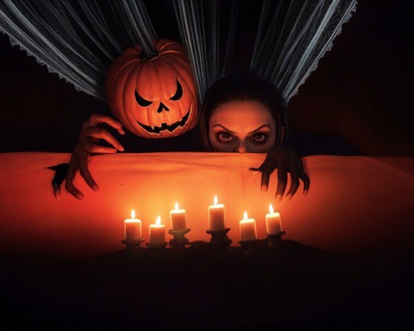 Sinister Figure and Pumpkin in Spooky Halloween Scene