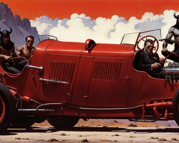 Vintage Red Car in Desert with Armored Figures