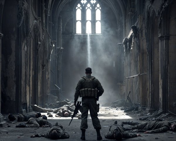 Soldier in Ruined Church Surrounded by Desolation