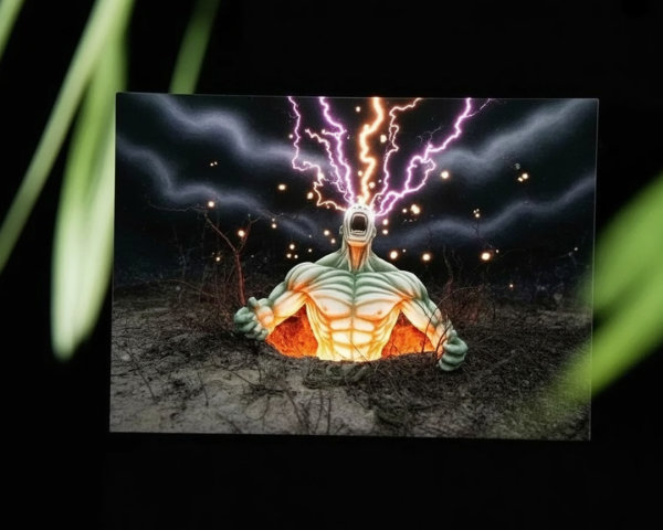 Muscular Figure Surrounded by Dark Clouds and Lightning