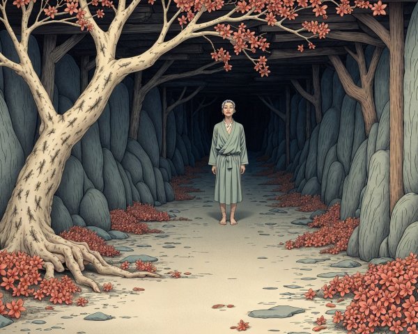 Serene Figure in Dimly Lit Cavern with Red Leaves