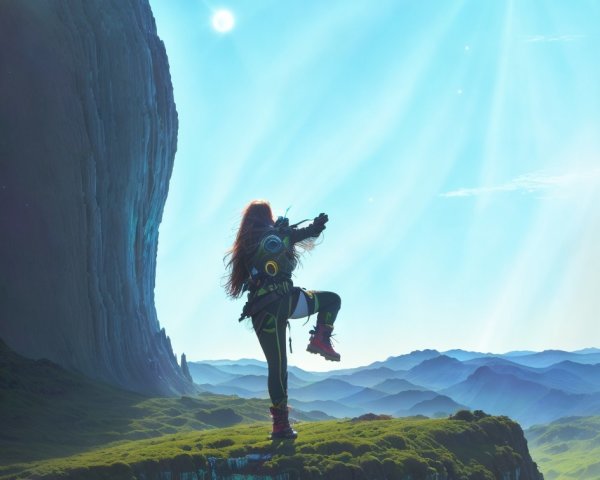 Red-haired figure in futuristic gear on cliff edge points to double suns in blue sky above green landscape