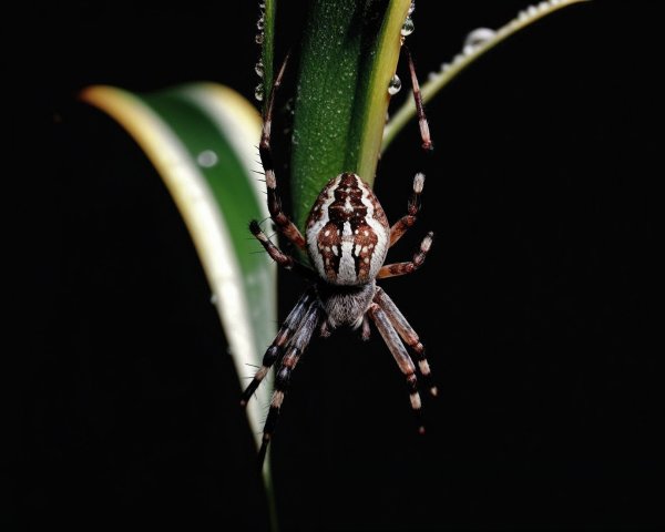 Close-up of a spider on a green leaf with droplets