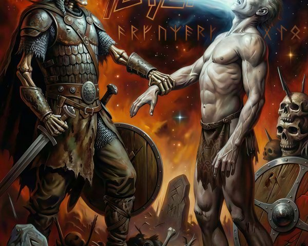 Skeletal Viking Warrior and Muscular Man in Battle Scene