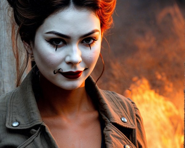 Portrait of a woman with dramatic makeup and fiery background