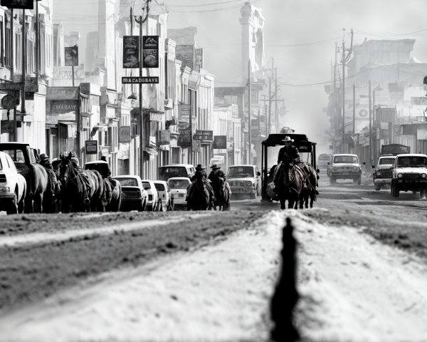 Dusty Street Scene with Horse Riders and Vintage Cars