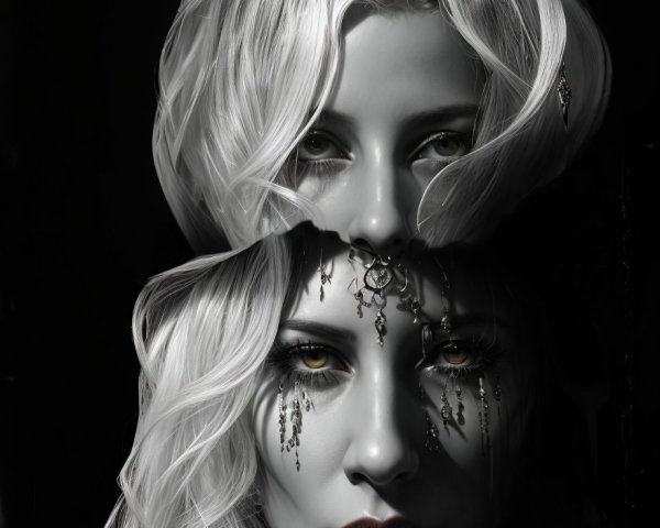 Monochrome image of woman with pale hair, dark makeup, and intricate facial jewelry