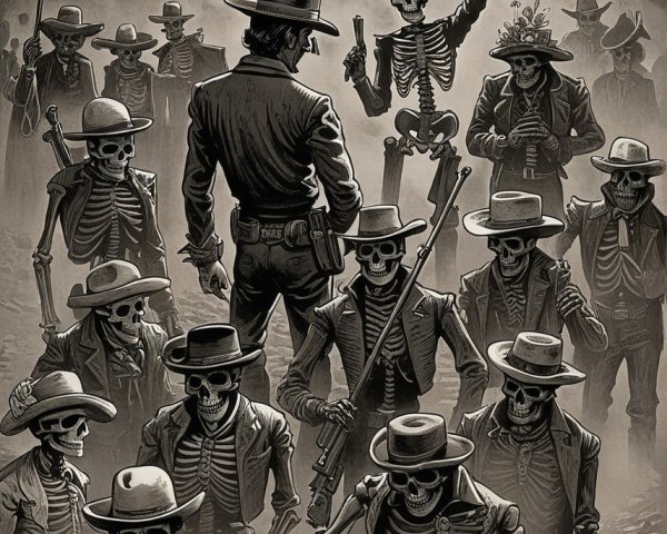 Gunslinger Faces Army of Cowboy Skeletons at Night