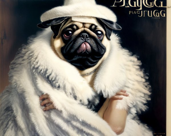 Stylish pug in white fur coat and hat with elegance