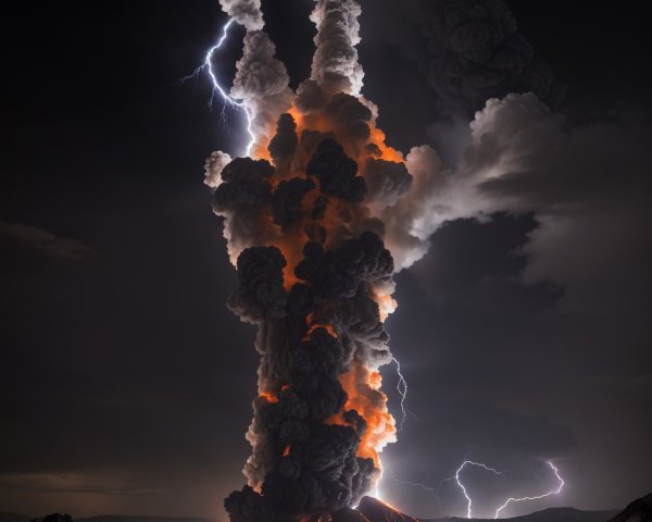 Volcanic Eruption at Night with Ash and Lava Flow