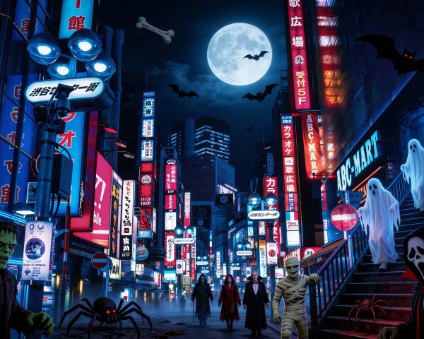 Neon-Lit Cityscape with Halloween Monsters at Night