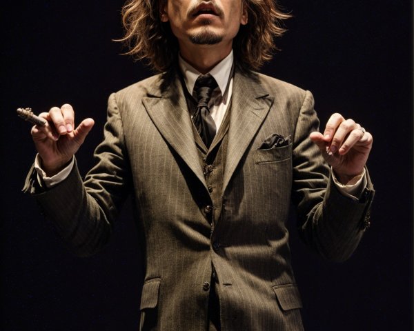 Confident Man in Tailored Suit with Cigar and Gesture