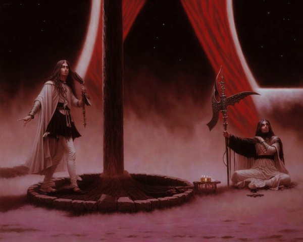 Surreal Scene of Ethereal Figures and Ancient Ritual