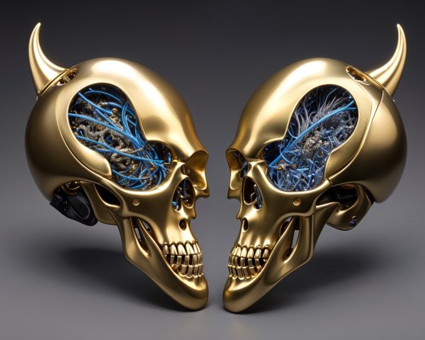 Golden Skull Art with Horns and Circuitry Details
