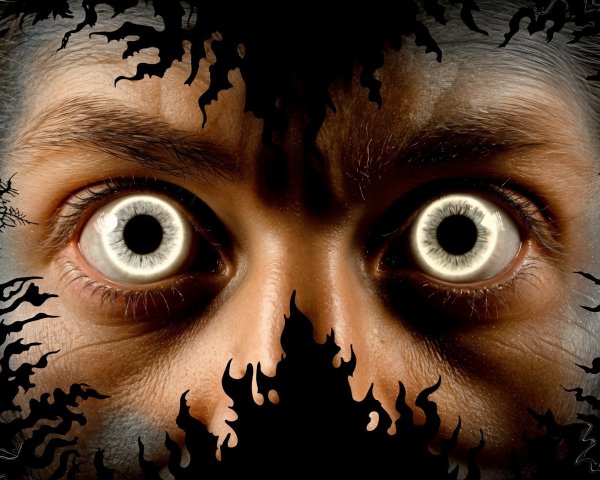 Intense Wide Eyes with White Pupils in Dark Background