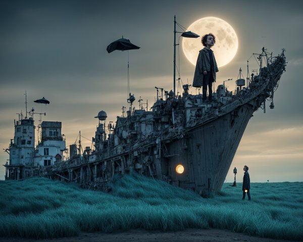 Surreal Landscape with Ship and Figures Under Moonlight