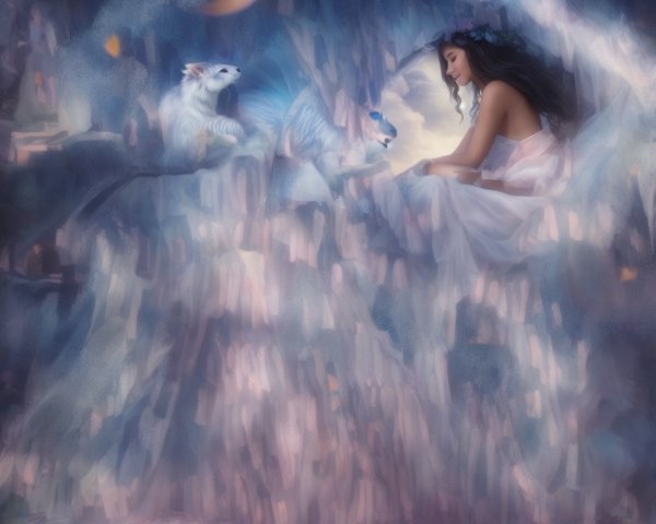 Woman in flowing dress on cliff with mythical creature