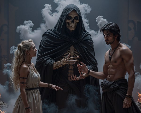 Cloaked Figure Confronts Couple in Misty Atmosphere