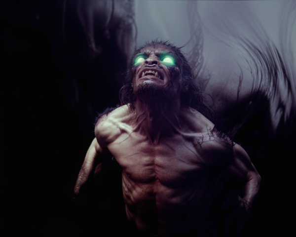 Muscular Figure in Dark Surreal Environment with Intense Eyes