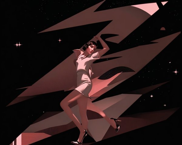 Stylized illustration of woman with geometric shapes in retro-futuristic setting