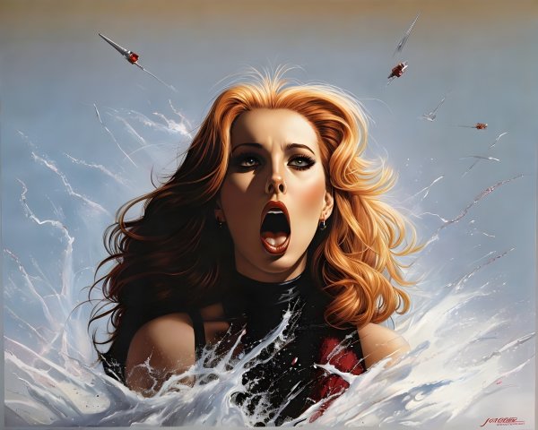 Woman with flowing hair emerging from water in shout with helicopters and lightning.