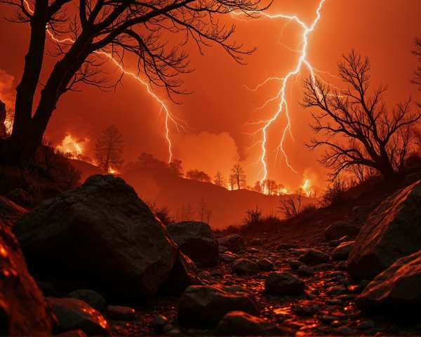 Dramatic Landscape with Lightning and Fiery Sky