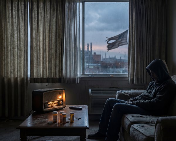 Abandoned Room with Man in Dark Hoodie and Vintage Decor