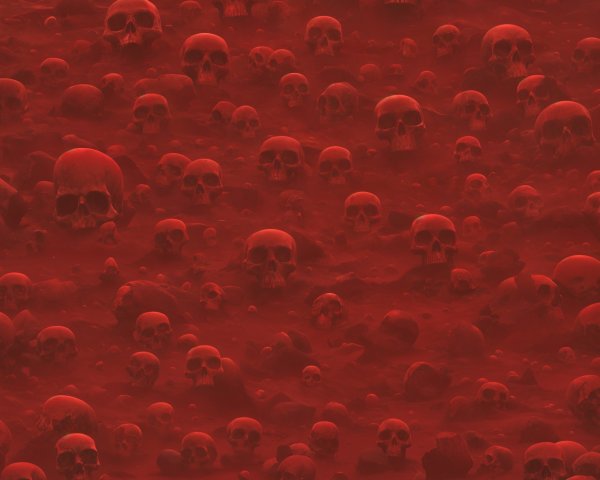 Surreal Landscape with Red Skulls on Crimson Background