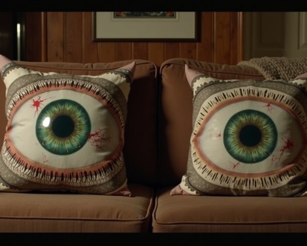 Decorative pillows with graphic eye designs on couch