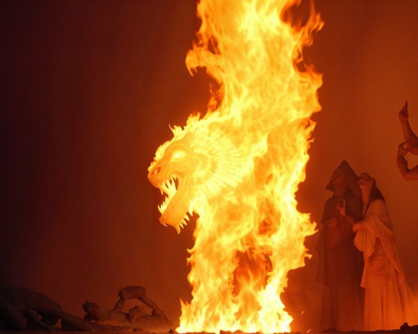 Fiery Dragon Surrounded by Flames and Silhouetted Figures