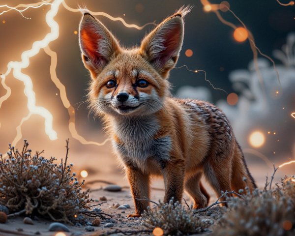 Adorable fox in sandy landscape with dramatic background