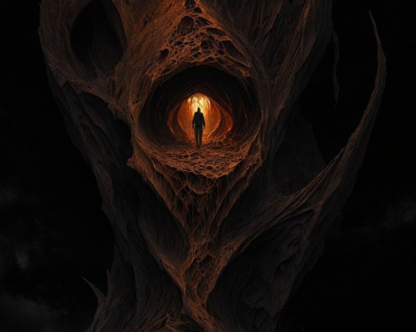 Person in Dark Tree Tunnel with Intricate Branch Frame
