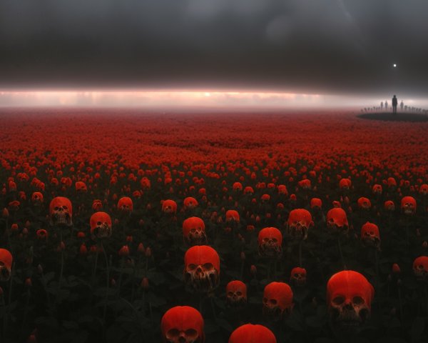 Haunting Landscape with Red Flowers and Skulls