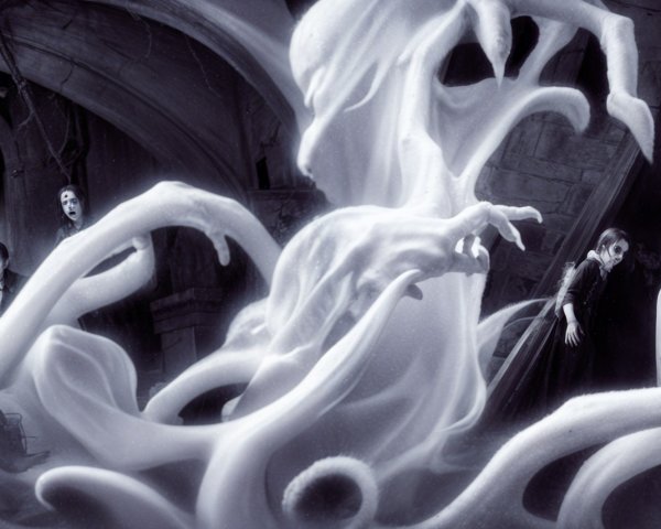 Ghostly Figures and Eerie Setting in Supernatural Scene