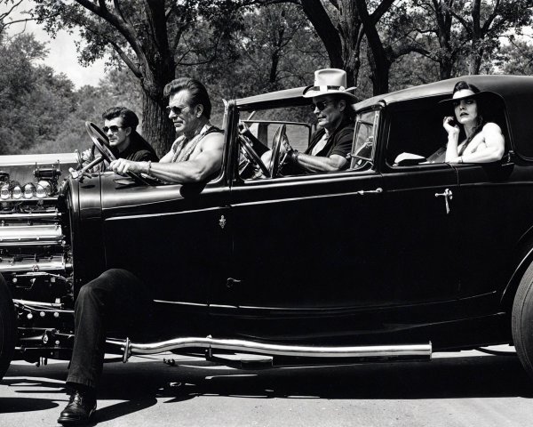 Sleek Black Hot Rod with Stylized Characters in Motion