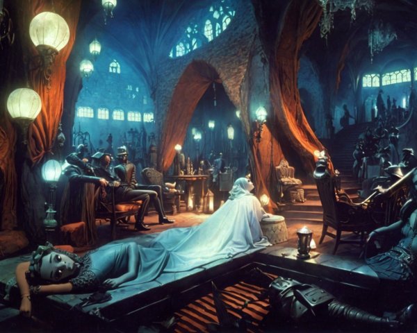 Gothic fantasy tavern with mystical creatures in dimly lit interior