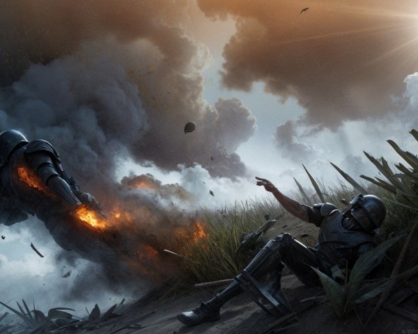 Futuristic soldiers in explosive battlefield scene