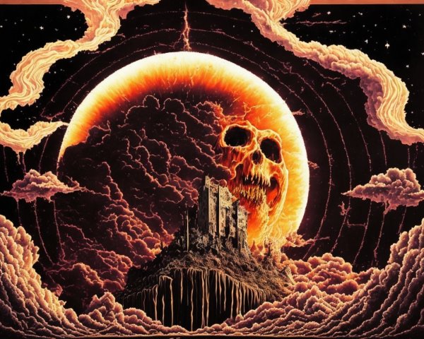 Crumbling Castle Under Fiery Moon and Dark Clouds