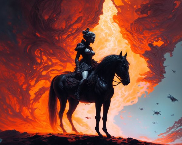 Fierce Warrior Woman on Black Horse Amidst Flames