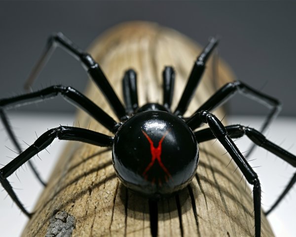 Close-Up of a Glossy Black Spider with Red Markings
