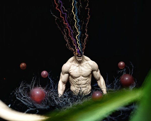 Muscular Figure in Surreal Setting with Lightning Bolts